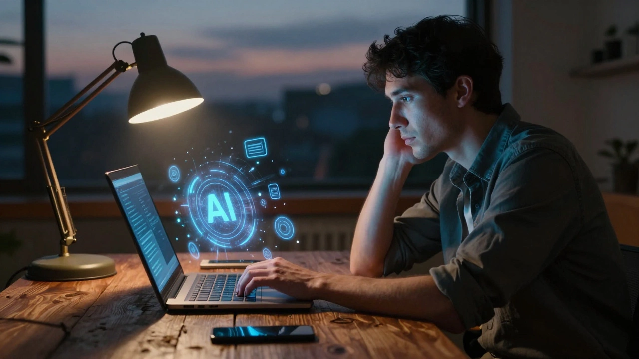 Writer at desk with laptop and glowing AI interface elements.