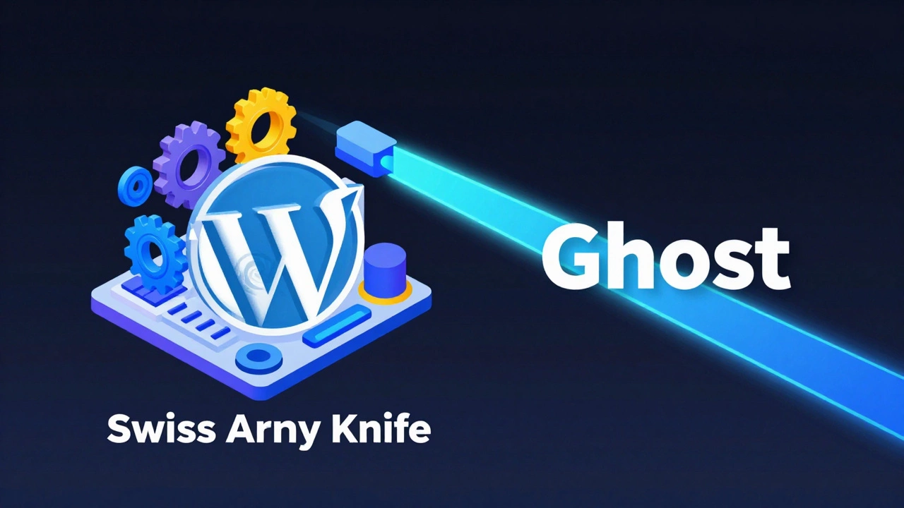 3D isometric art comparing a complex gear system and a fast laser beam to represent two CMS types.