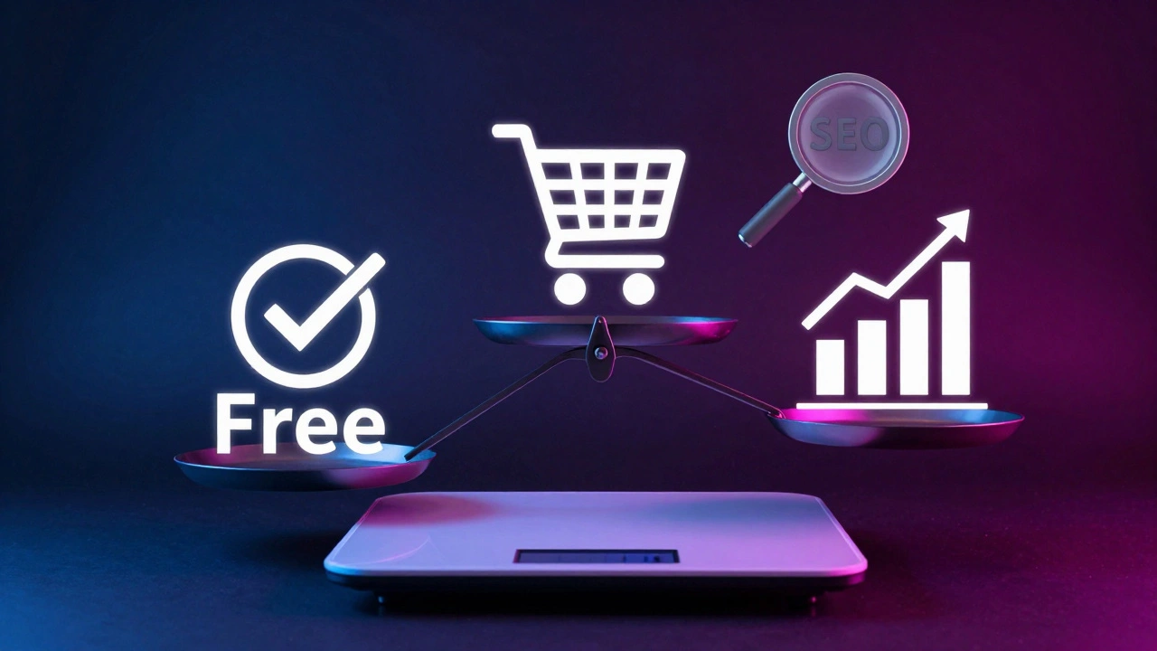 A digital scale weighing a free website against professional e-commerce and SEO tools