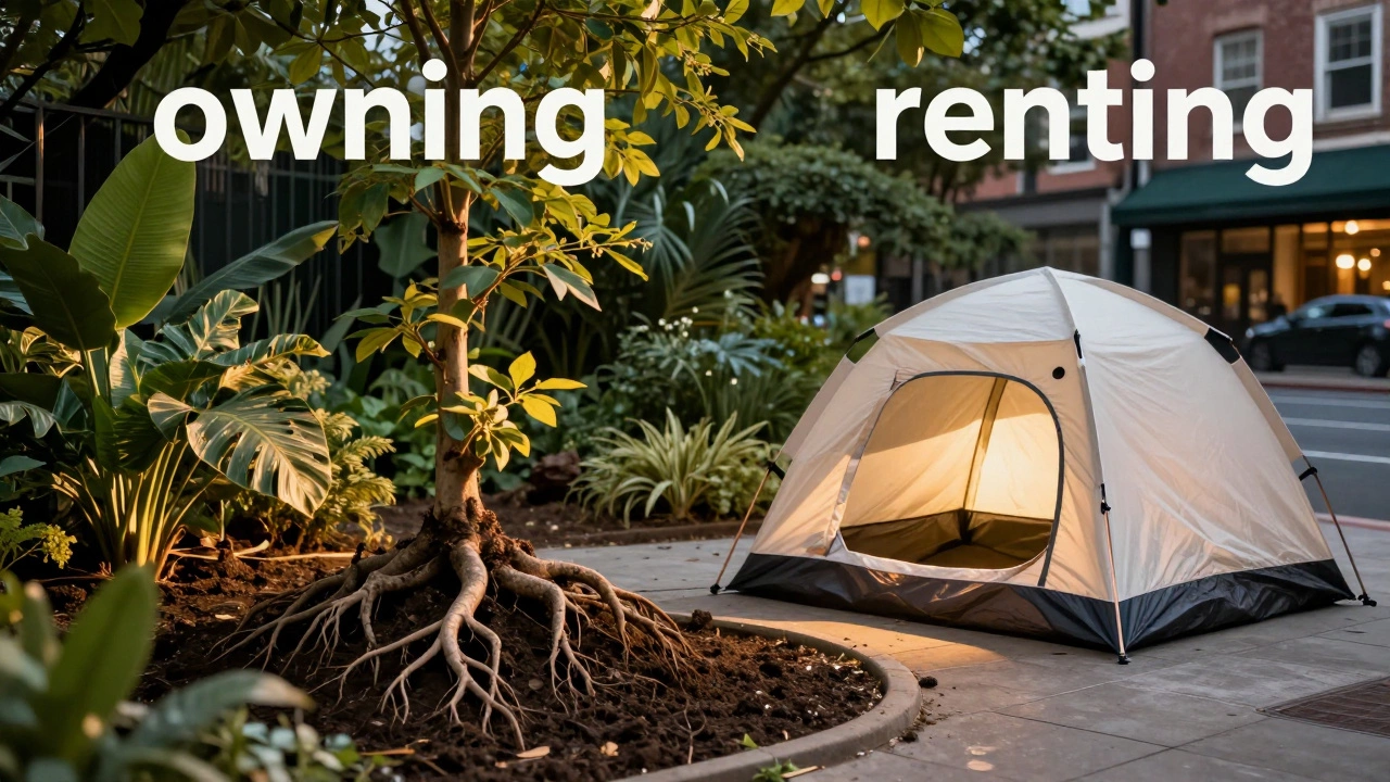 A rooted garden next to a temporary tent, illustrating the difference between owning and renting a blog.