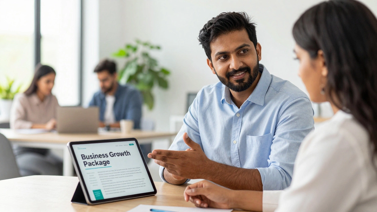 An Indian WordPress consultant presenting a growth package to a client in a modern office.