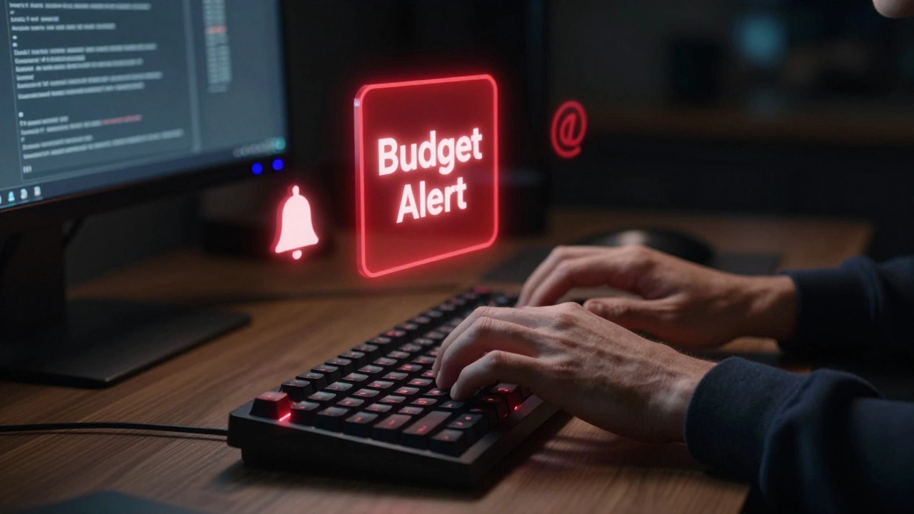 Close-up of a developer's hands with a glowing budget alert notification