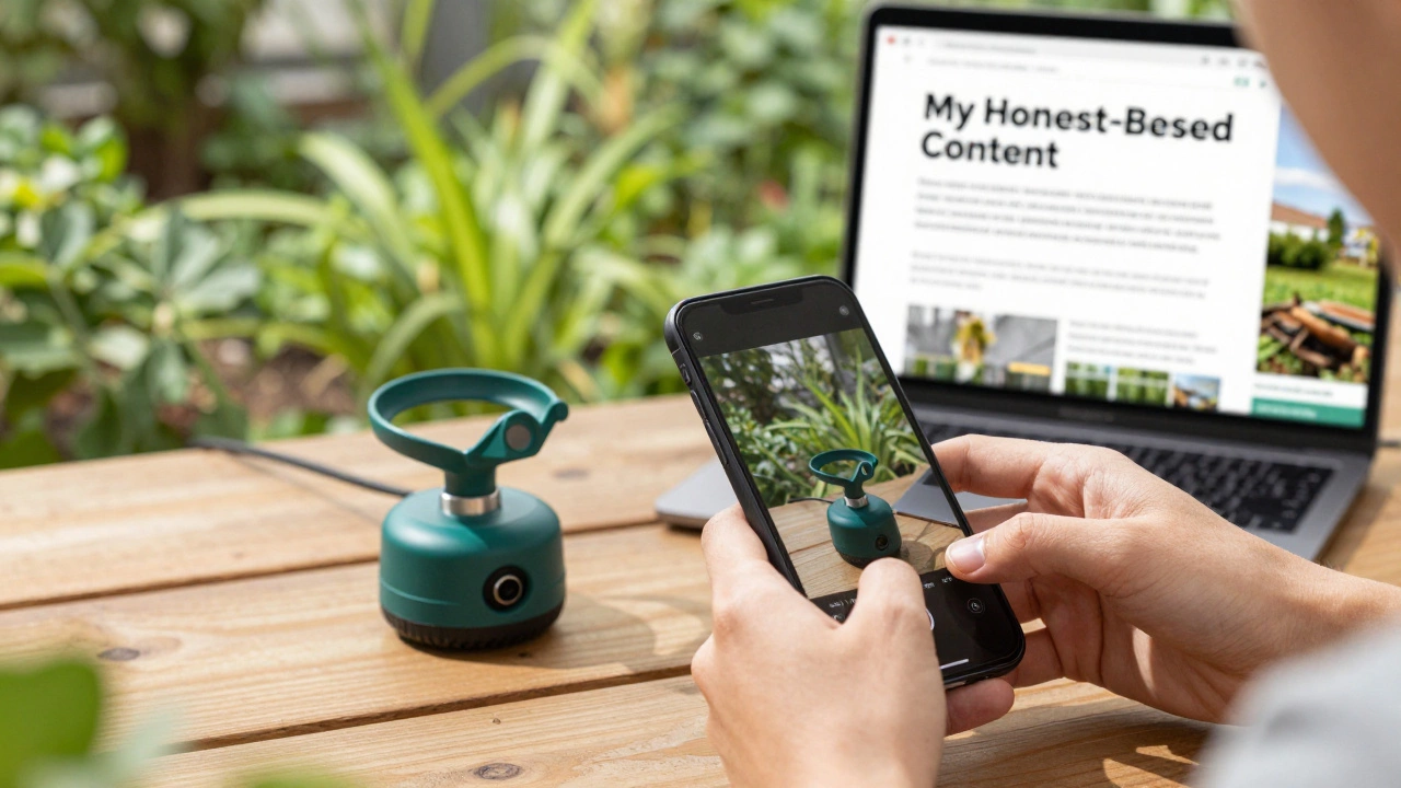 Close-up of a person testing a product in a garden to create authentic experience-based content.