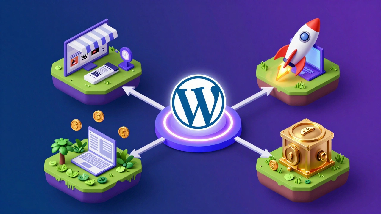 Isometric 3D illustration showing WordPress themes, optimization, and blogging income streams.