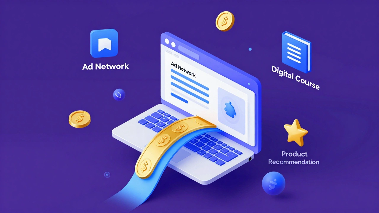 Isometric 3D visualization of multiple revenue streams flowing into a central blog.