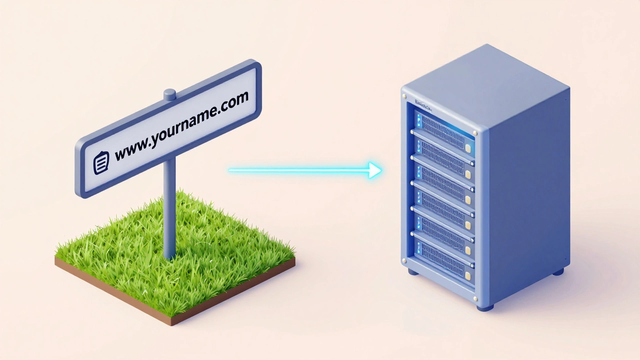 Isometric illustration of a domain street sign connecting to a digital server rack.