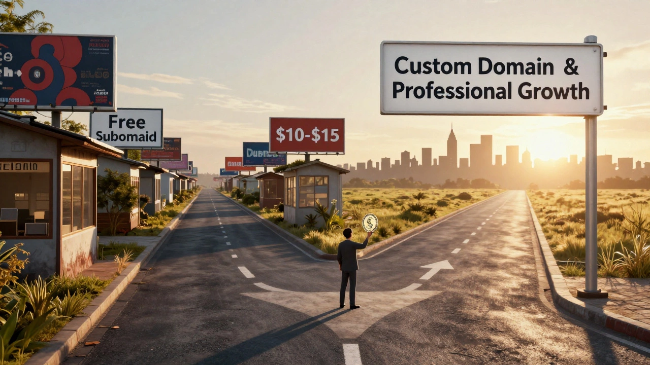 A person choosing between a shadowy free hosting path and a bright professional custom domain path.
