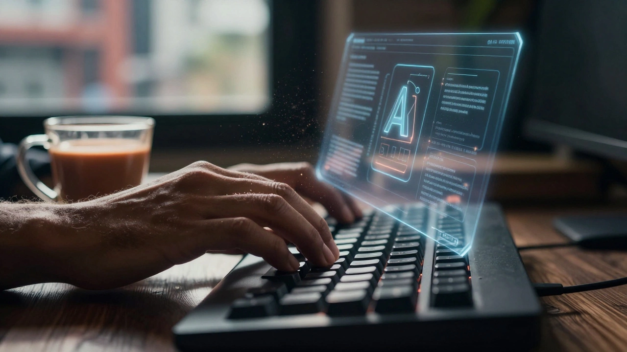 Close-up of hands typing with AI assistance overlay, symbolizing human-led blogging.