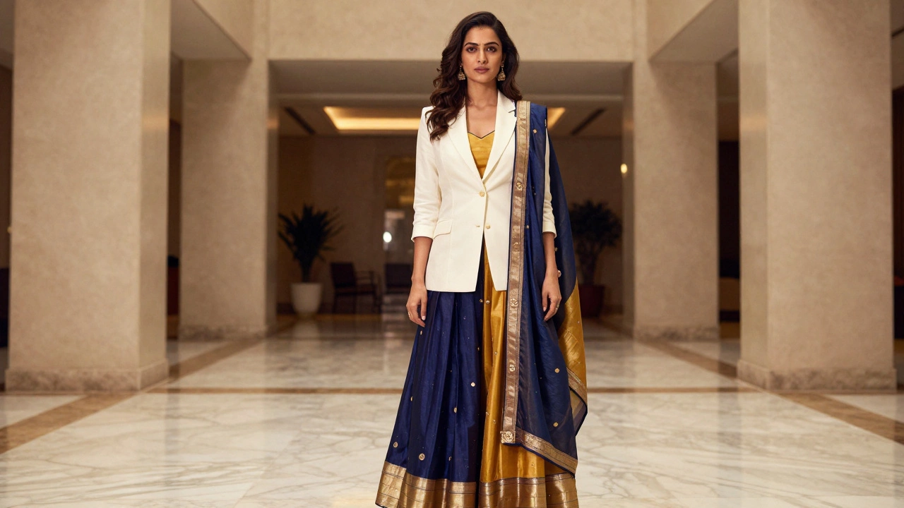 Elegant Indian woman in luxury fashion posing in a grand lobby