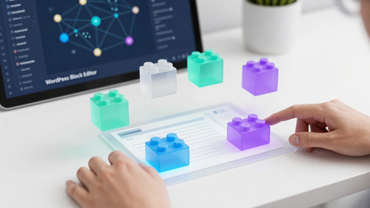 Floating colorful blocks arranging themselves into a website layout on a desk