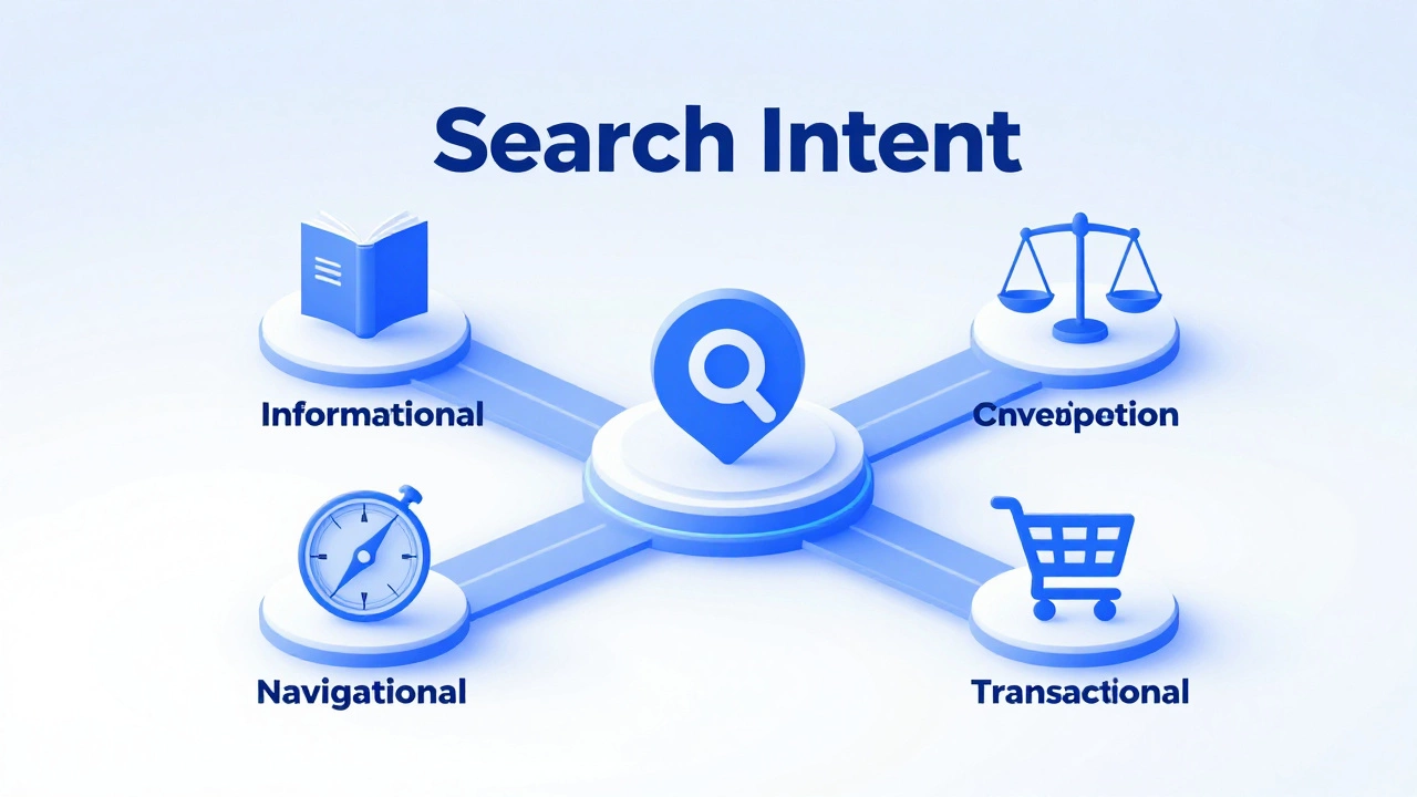 Four glowing paths branching from a search icon, representing different user intents.