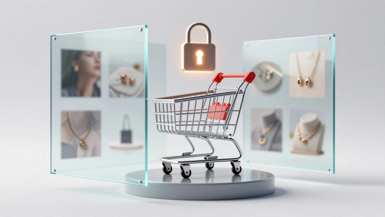 Glass shopping cart locked behind a barrier symbolizing no e-commerce