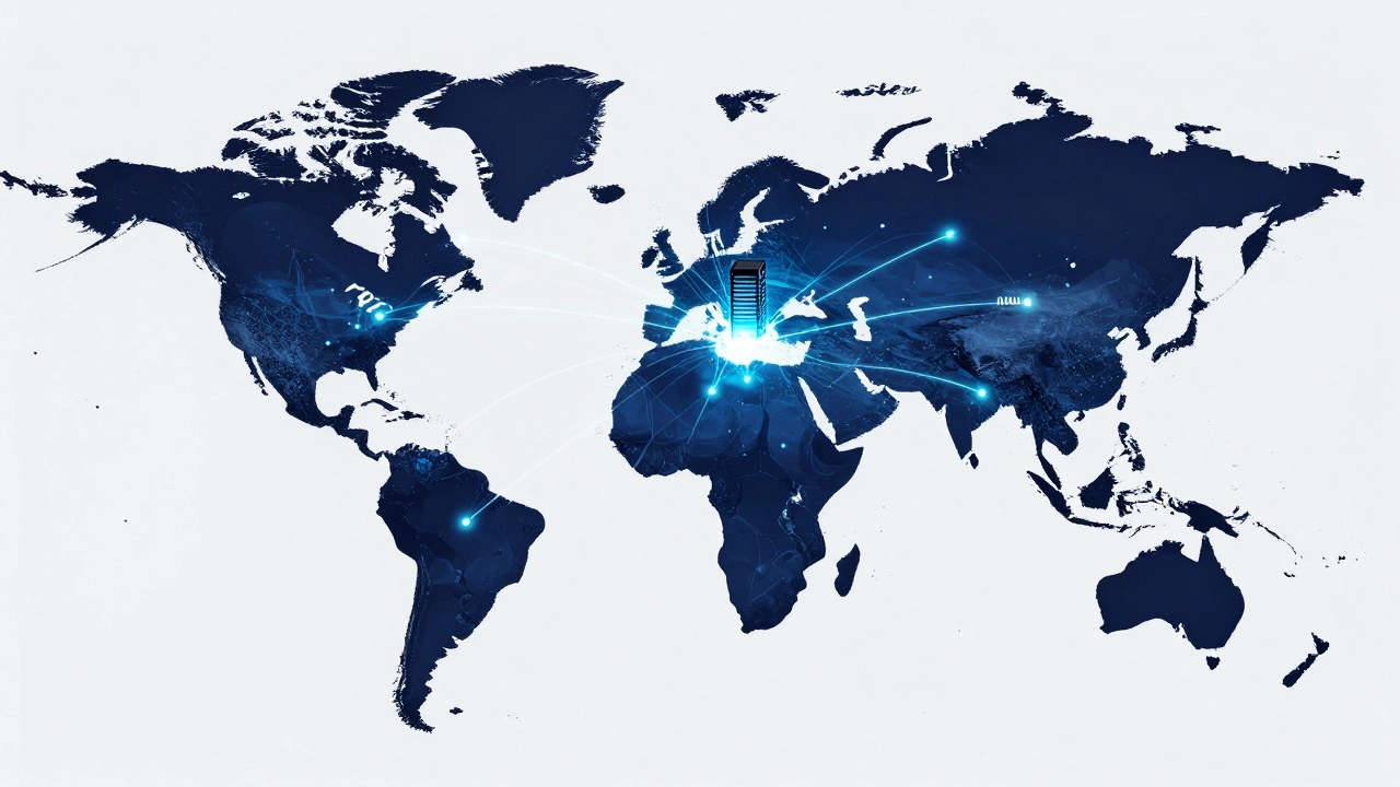 Glowing global network map showing fast, secure web hosting connections.