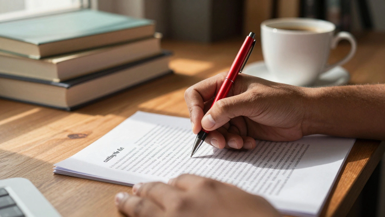 Hand editing a manuscript with a red pen on a wooden desk