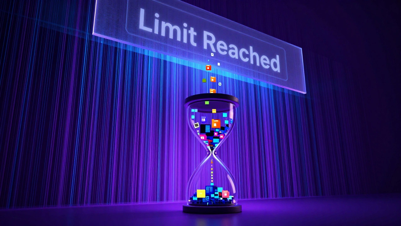 Hourglass with digital files running out representing storage limits