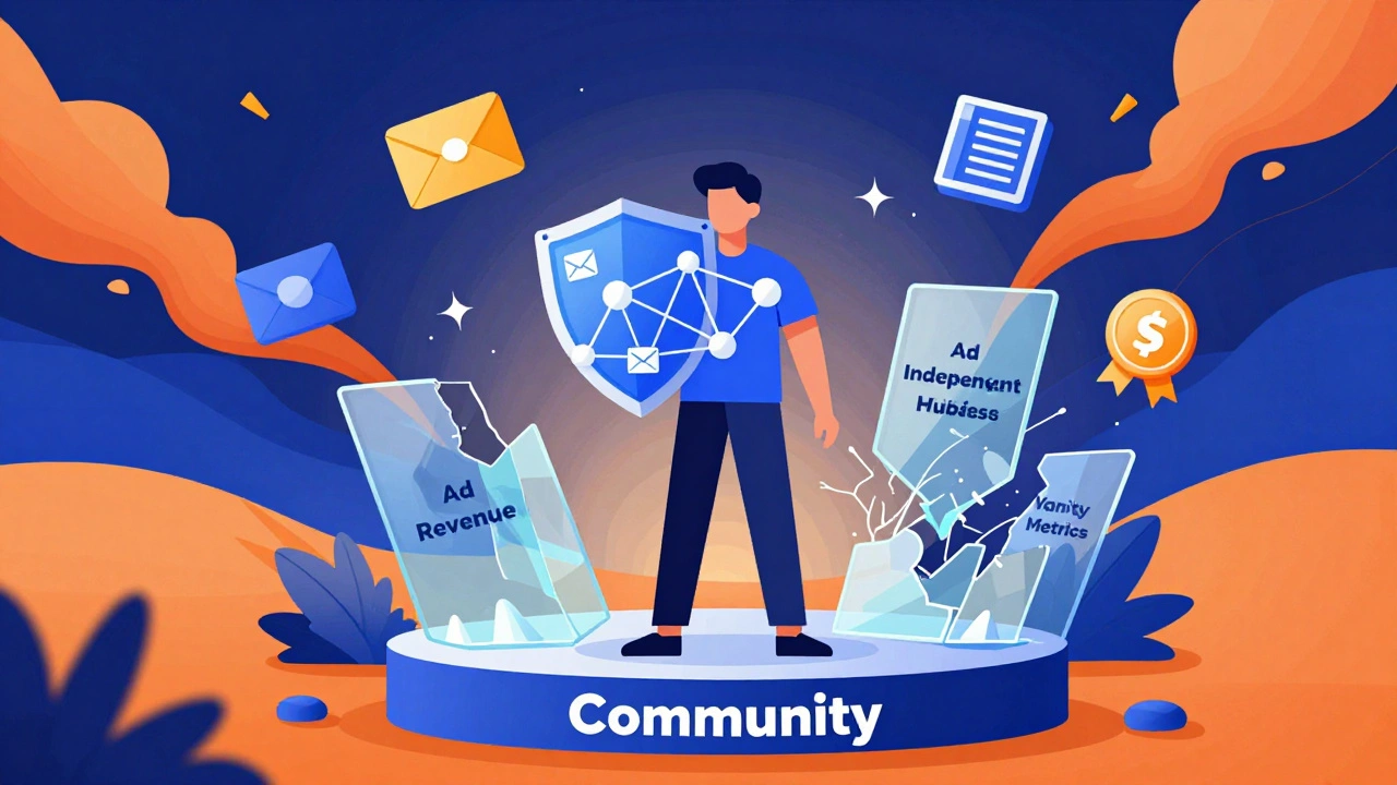 Illustration of a creator standing on community support as ad revenue models crumble behind.