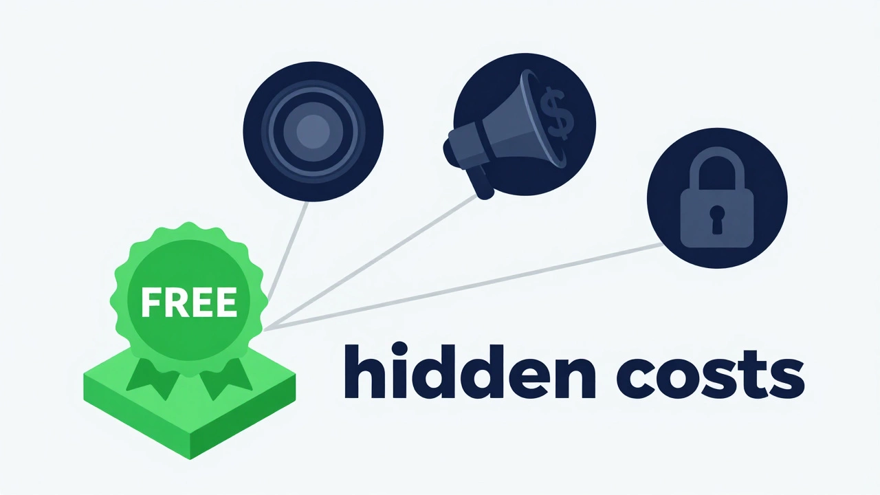 Illustration of a free hosting badge connected to icons representing hidden costs like ads and data tracking.