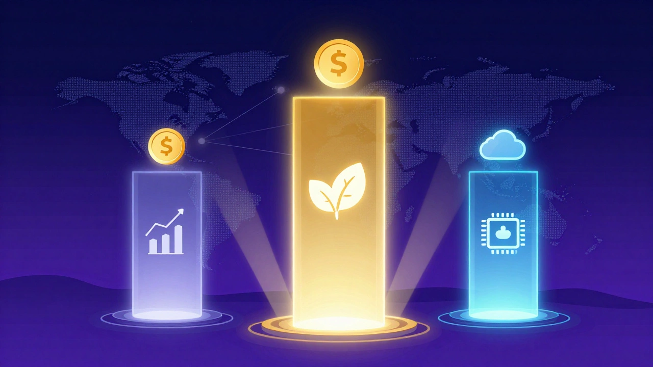 Illustration of finance, health, and tech blogging niches as glowing digital pillars