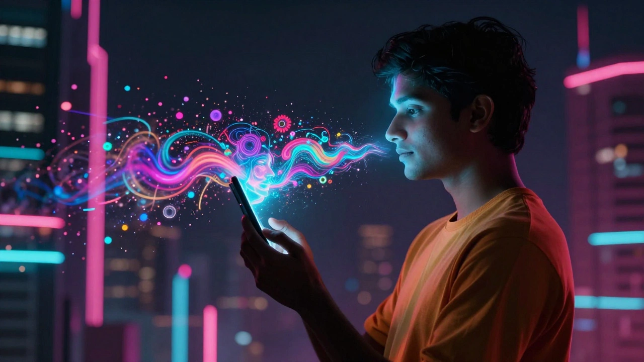 Influencer silhouette merging with digital AI data streams