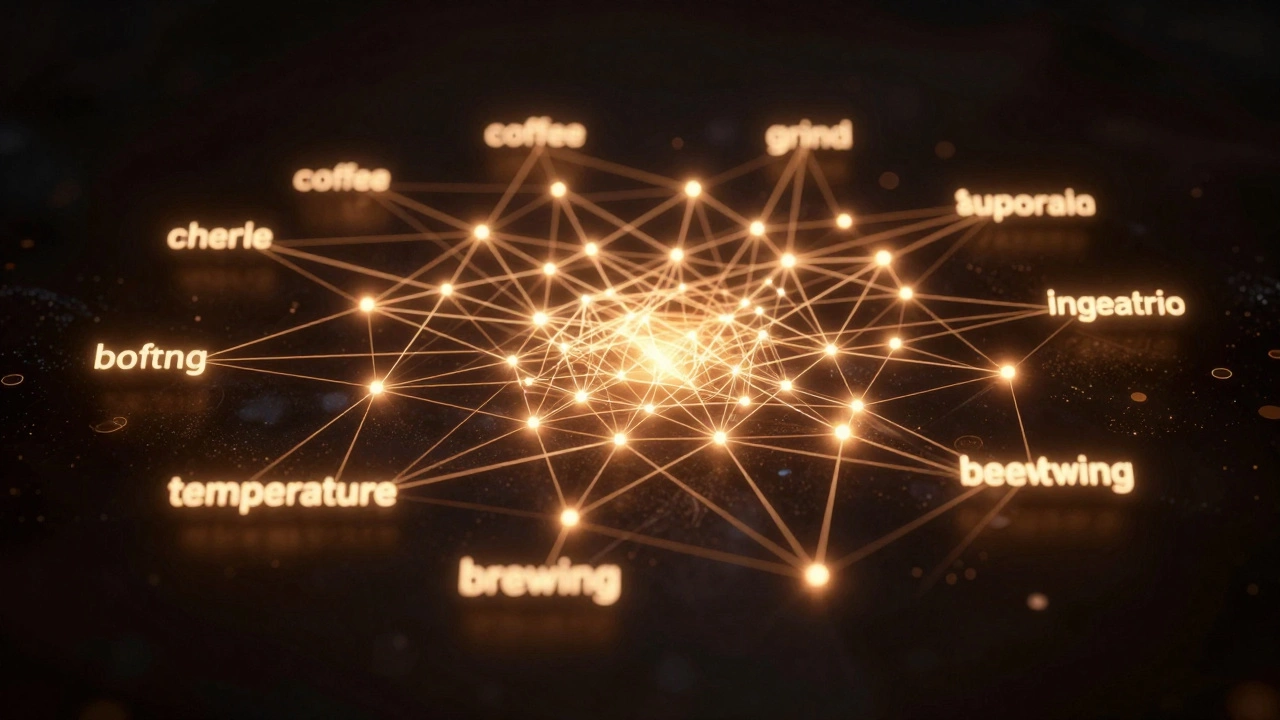 Network diagram of connected semantic keywords surrounding a central topic node.