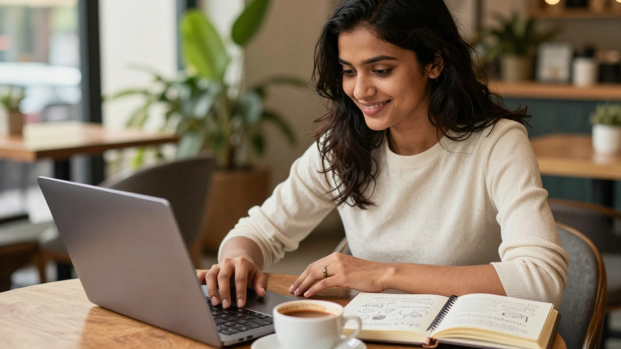 Young Indian woman writing blog ideas in a notebook at a sunny Mumbai cafe