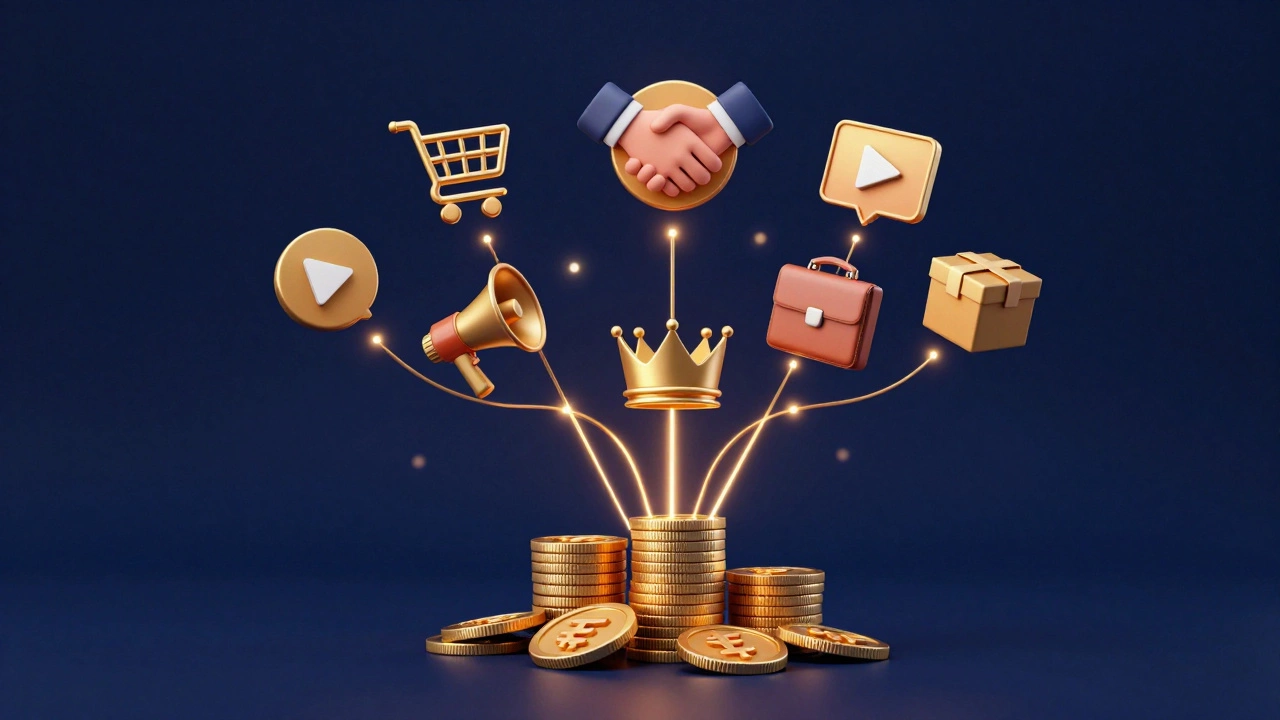 3D concept art of seven website monetization methods merging into digital income