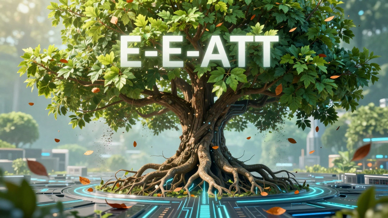 Ancient tree with glowing roots and fresh leaves symbolizing E-E-A-T and content updates