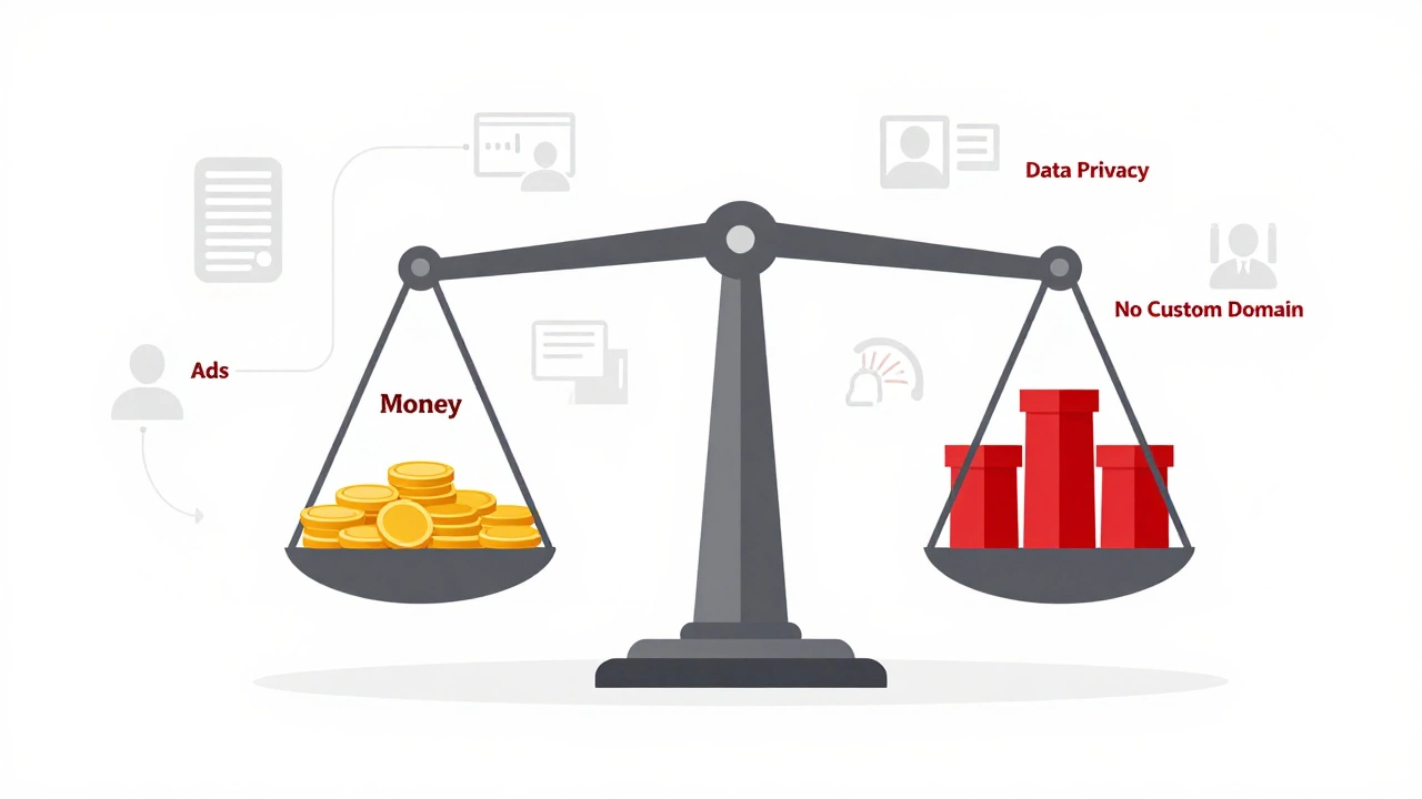 Balance scale illustrating costs of free hosting like ads and data loss