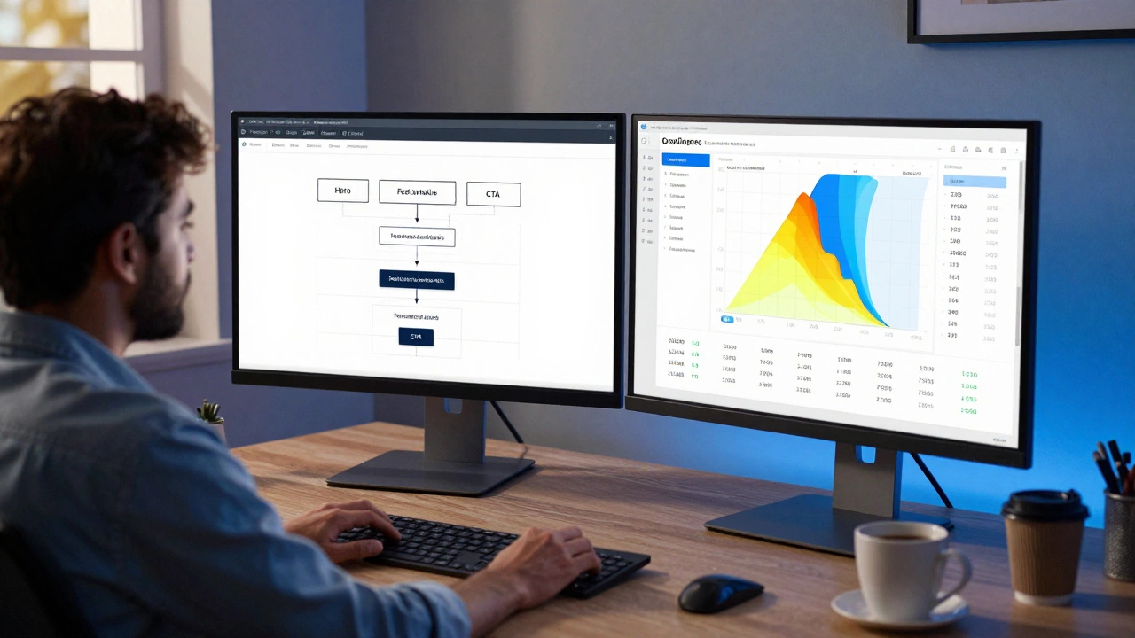 Designer analyzing website wireframes and user engagement heatmaps on dual monitors