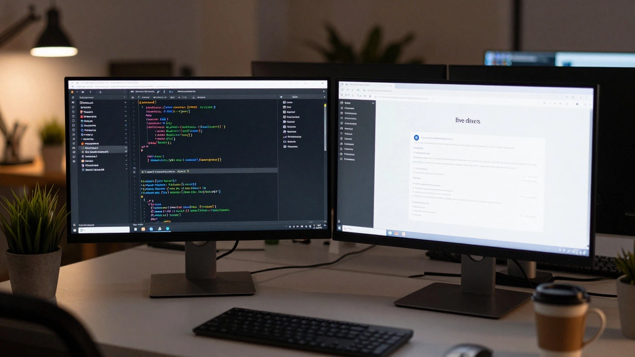 Developer workspace with code editor and ad-free custom domain site