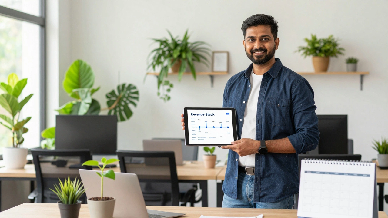 Entrepreneur holding tablet with business roadmap in bright modern workspace