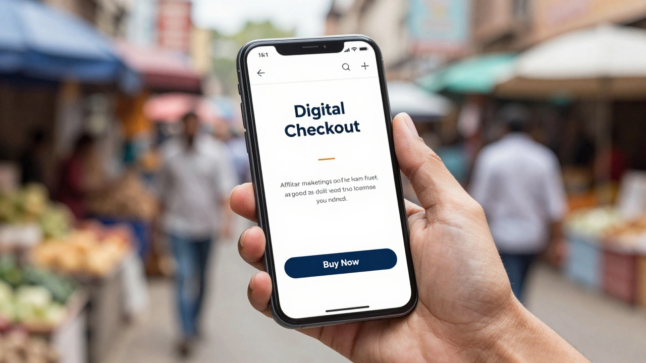 Hand buying digital product on phone in busy Indian market setting