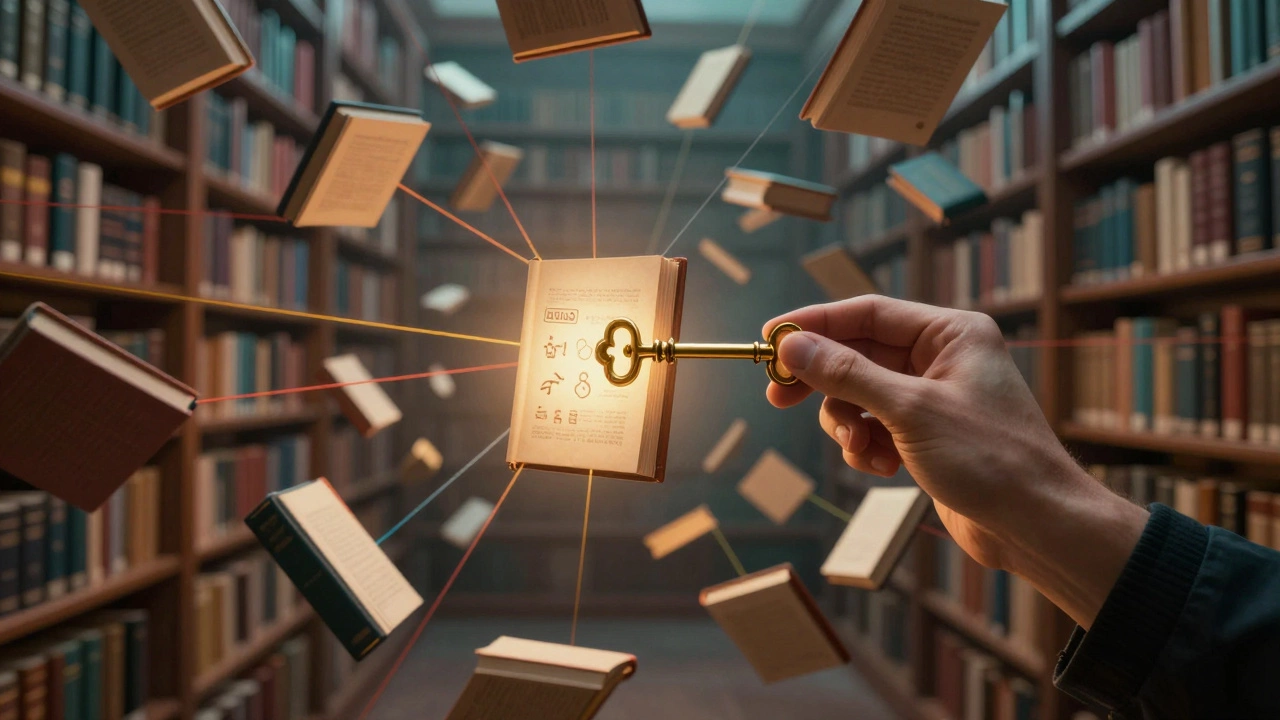 Hand holding golden key unlocking specific book in floating library representing keyword research