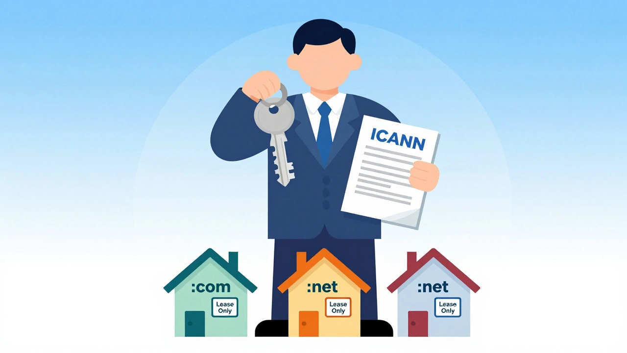 Illustration of ICANN as a landlord leasing domain name houses