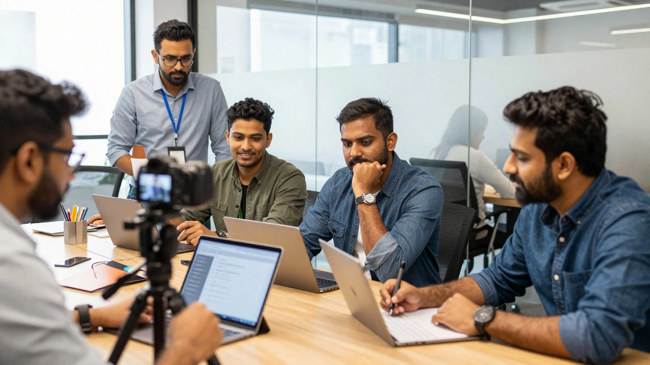 Indian content creators collaborating in a modern office, filming and analyzing data.