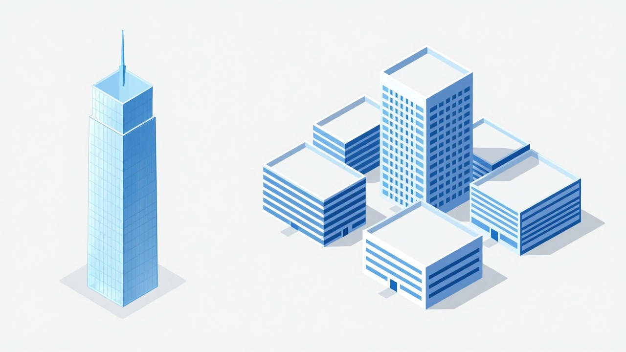 Isometric illustration comparing a single tower to a complex building structure