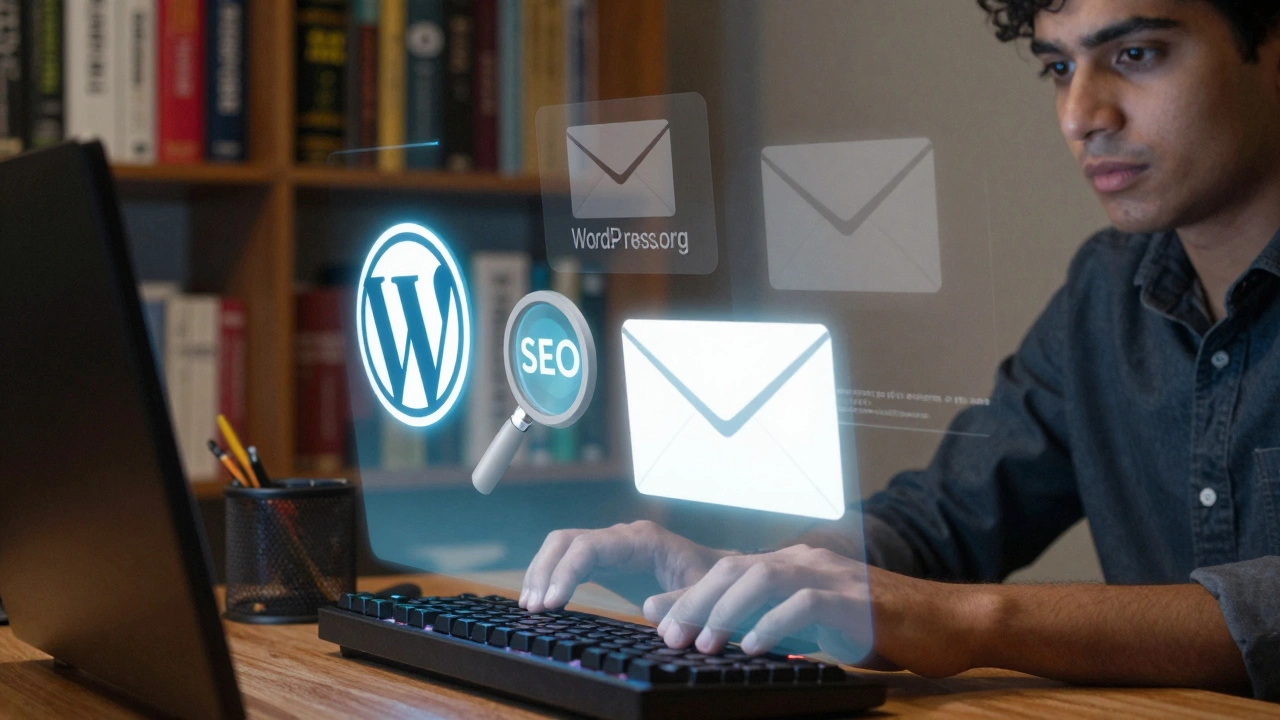 Writer at desk with holographic SEO and WordPress tools floating