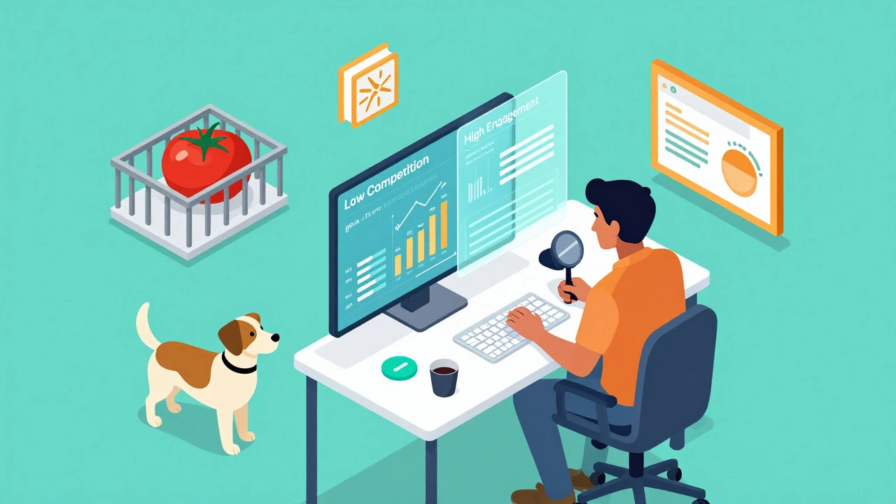 Blogger analyzing data charts for low-competition micro niches on a desk