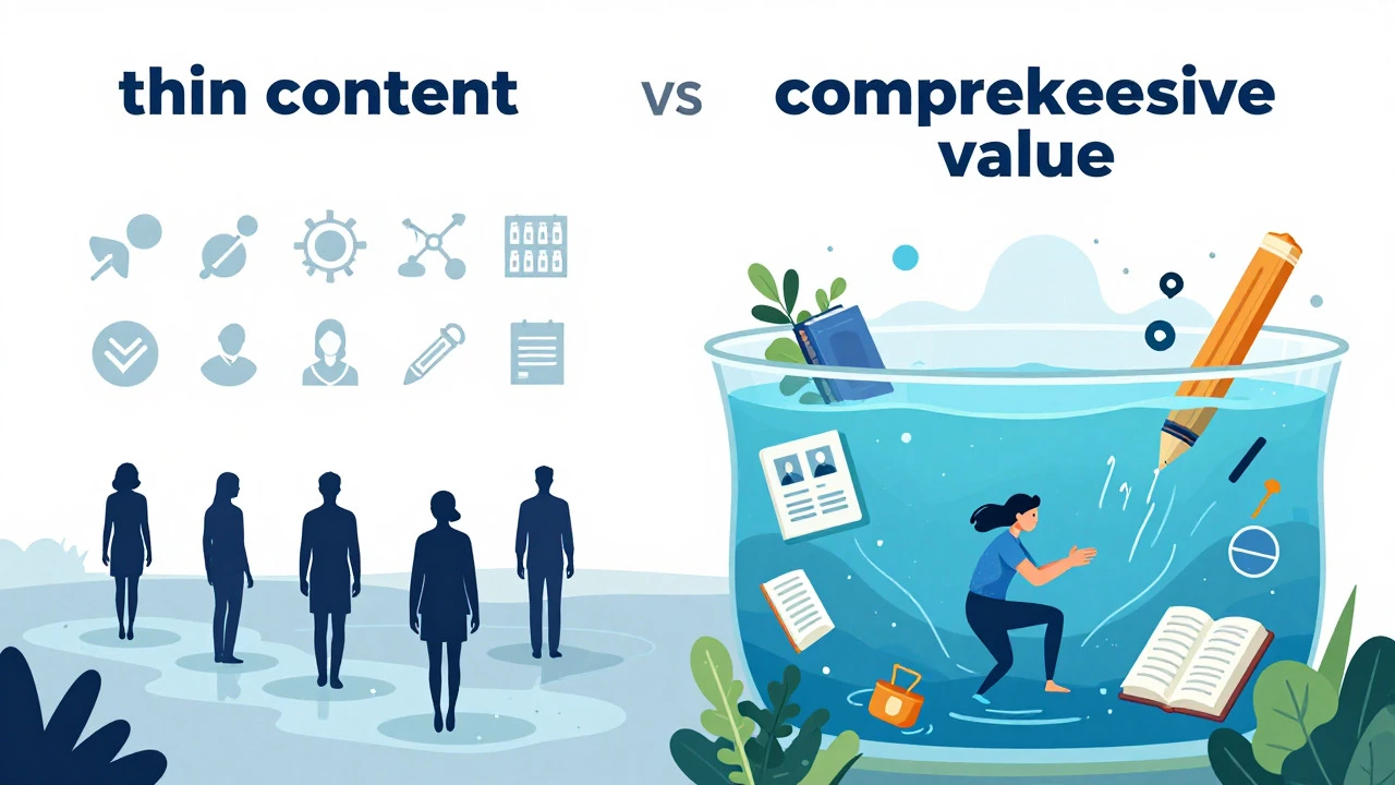 Illustration comparing thin content vs comprehensive deep dives