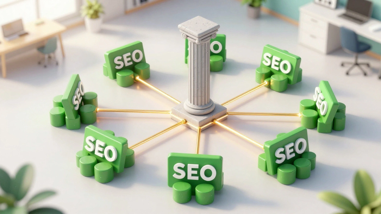 Isometric 3D render of content clusters and internal links