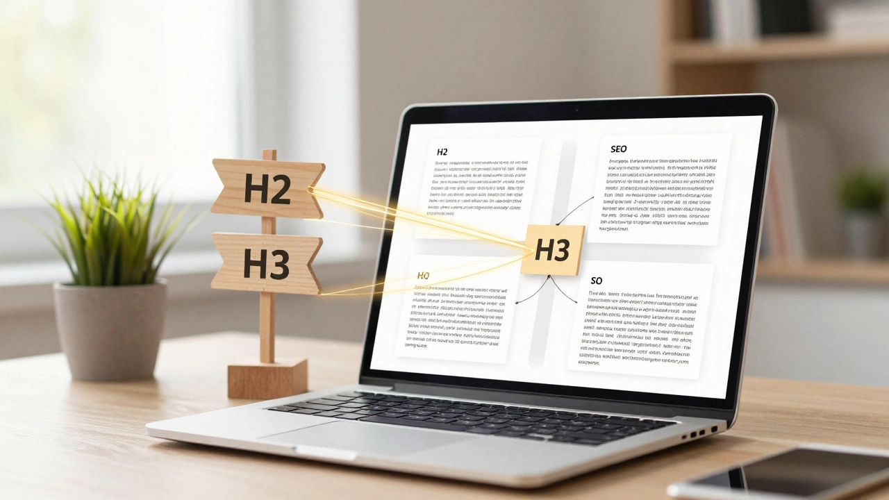 Laptop displaying structured article with glowing internal link connections