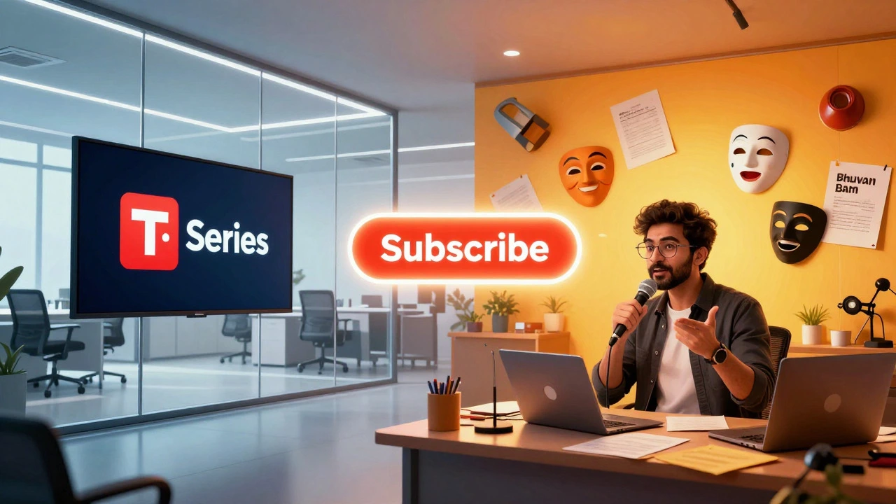 Split scene contrasting corporate media office with creative influencer workspace