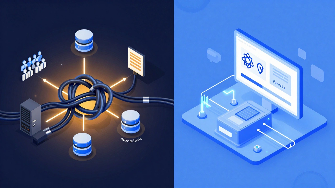 Split view comparing chaotic monolithic servers with clean headless CMS architecture