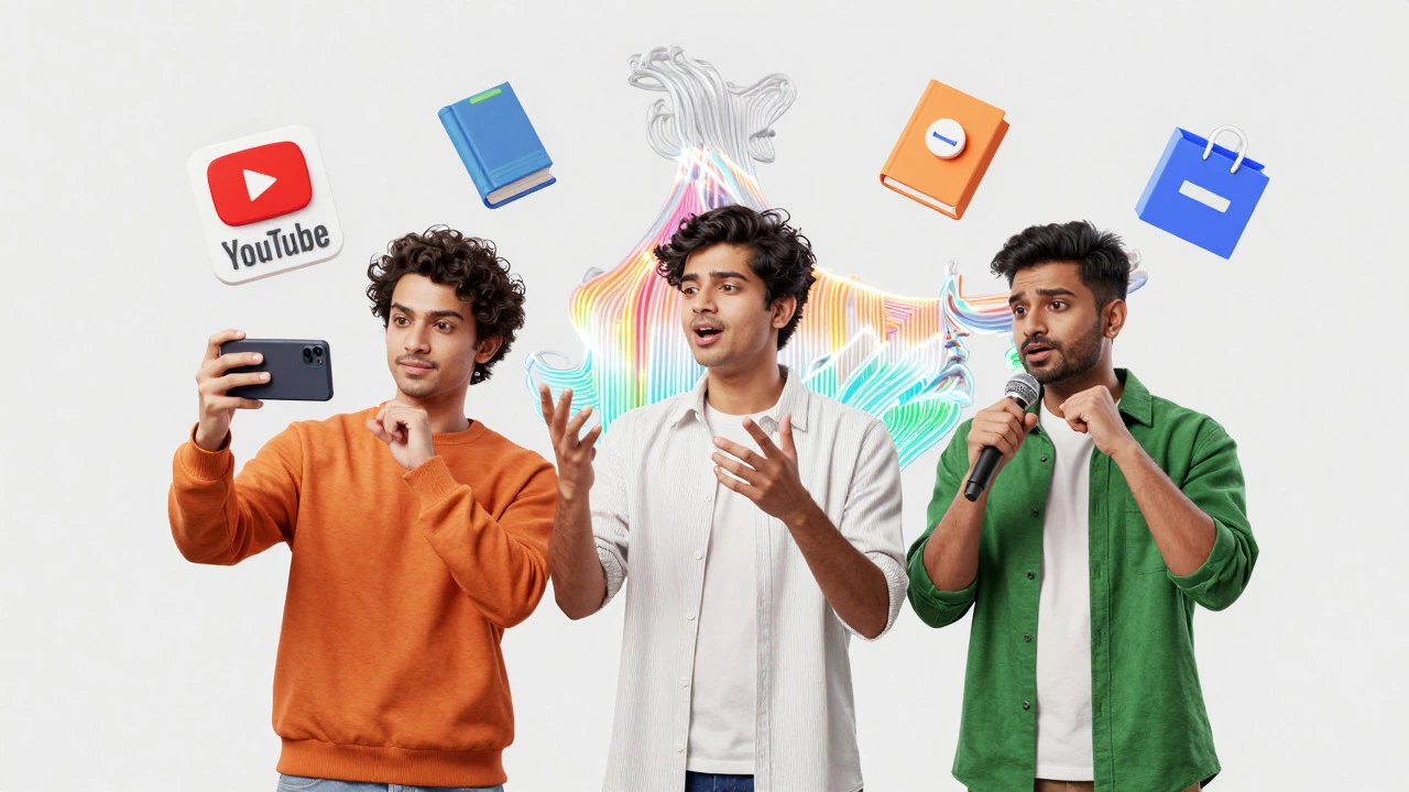 Three Indian creators representing shorts, tech, and entertainment over a digital map