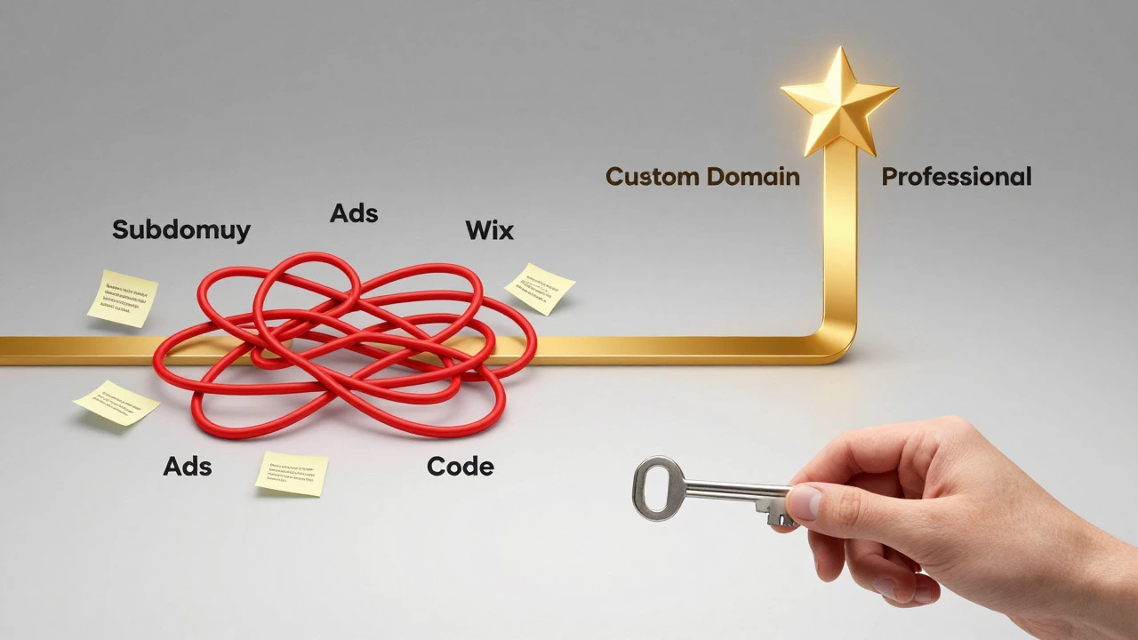 Visual metaphor contrasting limited subdomains with professional custom domains