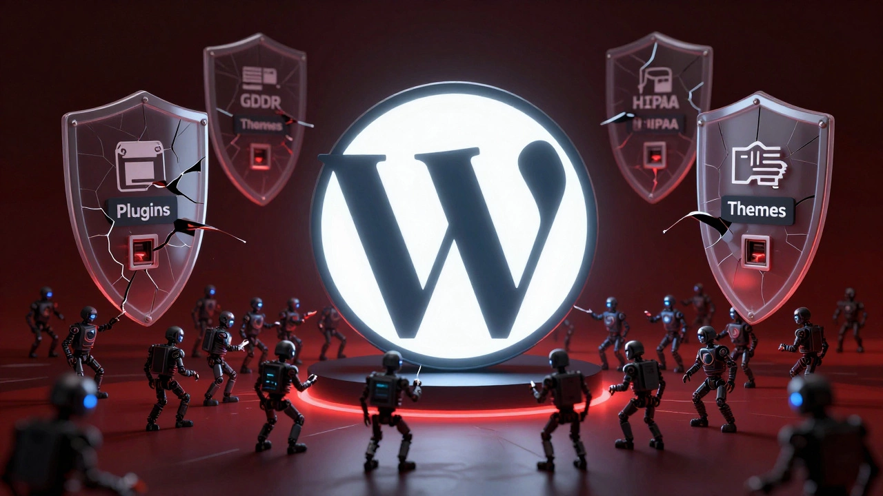 WordPress logo surrounded by cyber threats and strained security compliance shields