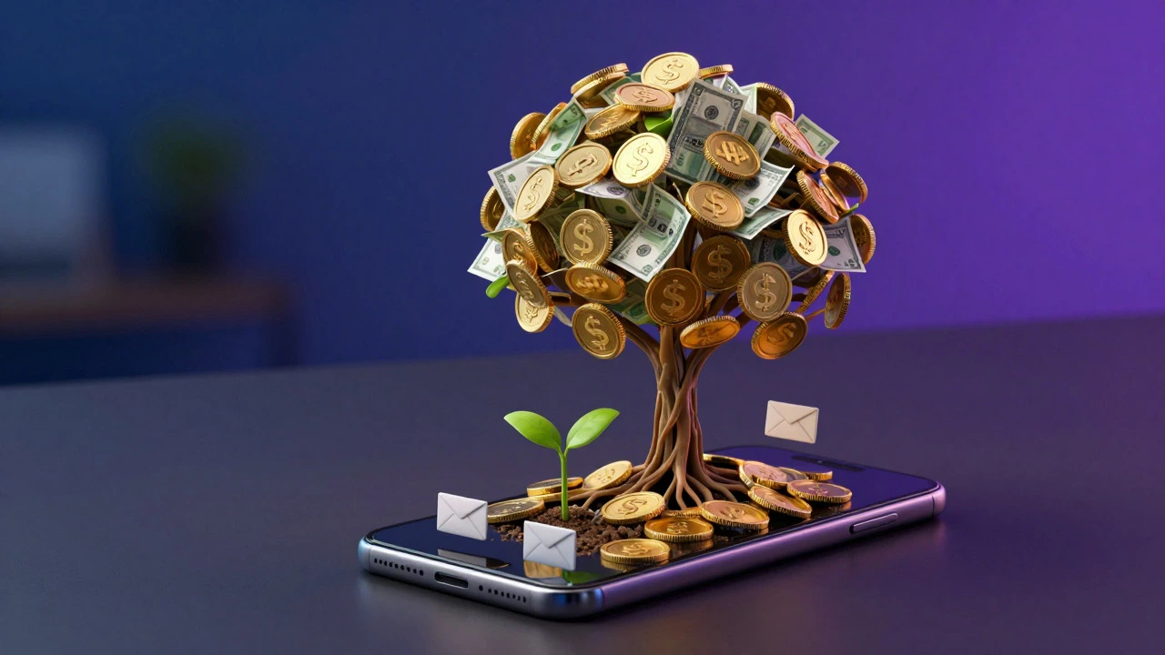 3D render of a money tree growing from a smartphone with email roots