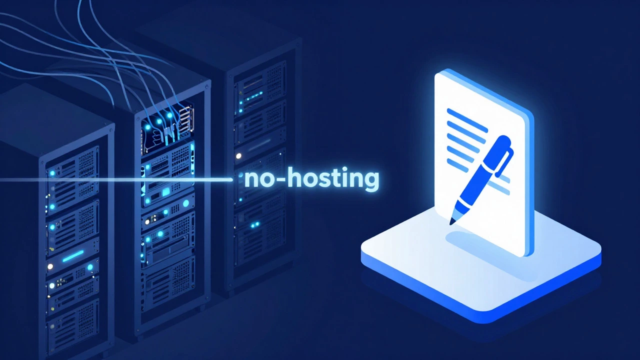 Abstract illustration contrasting complex servers with a simple, glowing writing platform
