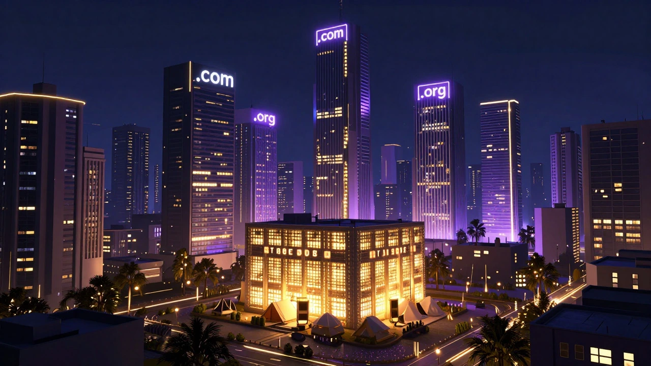Digital city metaphor showing custom domains as permanent skyscrapers