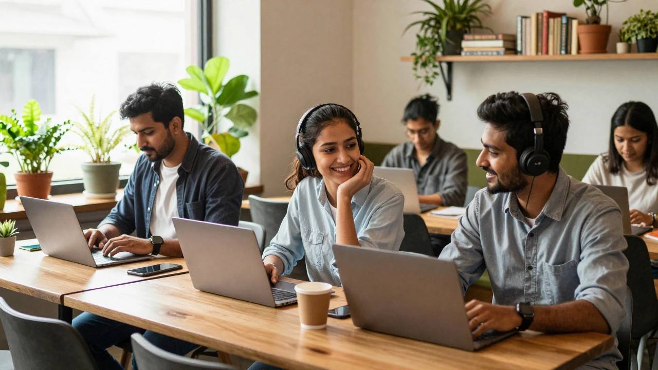 Freelancers working together in a cozy cafe, highlighting social interaction to avoid isolation.